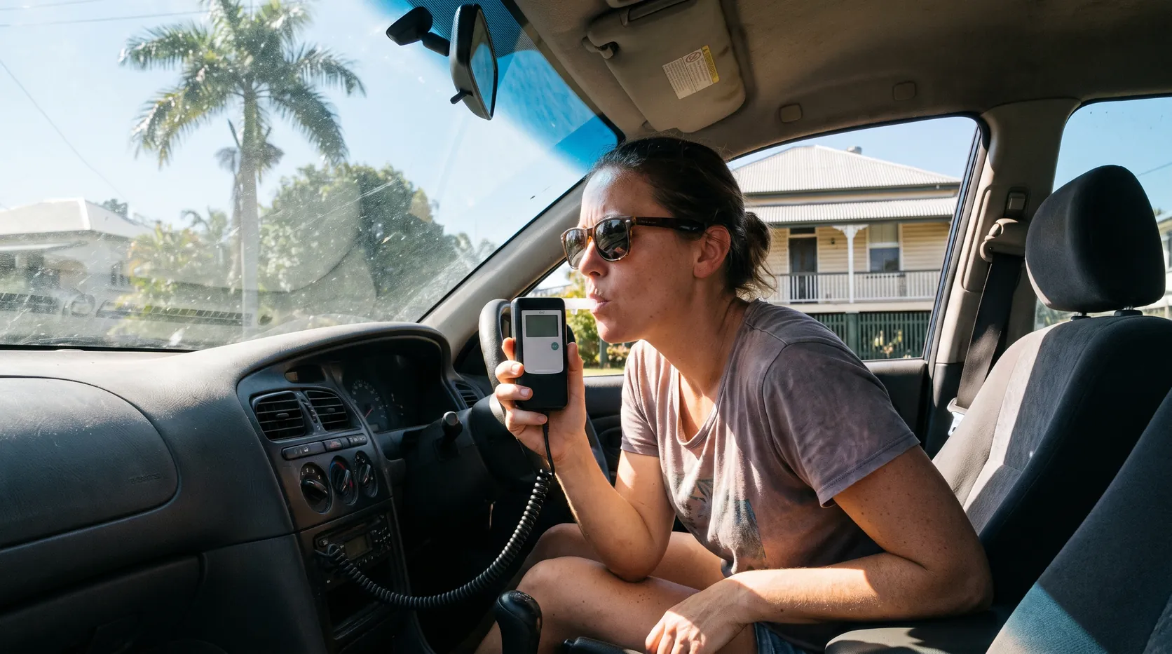 A woman blowing into an alcohol interlock handset before starting her car
