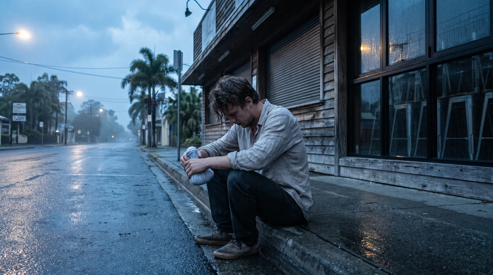 A young man sitting on the kerb outside a closed pub at dawn after a night out