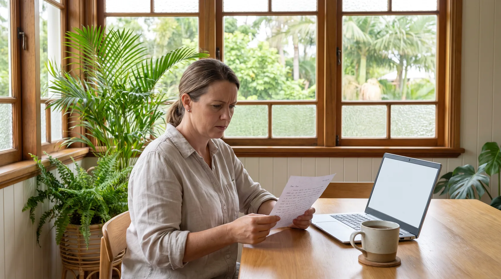 A woman at her dining table reading a letter, with a laptop open and a cup of tea beside her