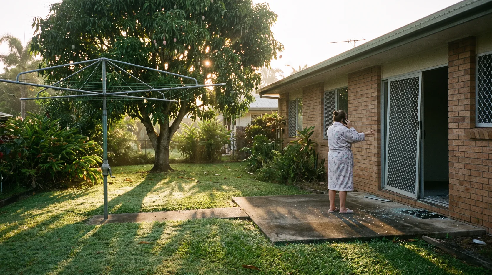 A woman in a dressing gown on the phone, looking at a forced sliding door at the back of a brick house