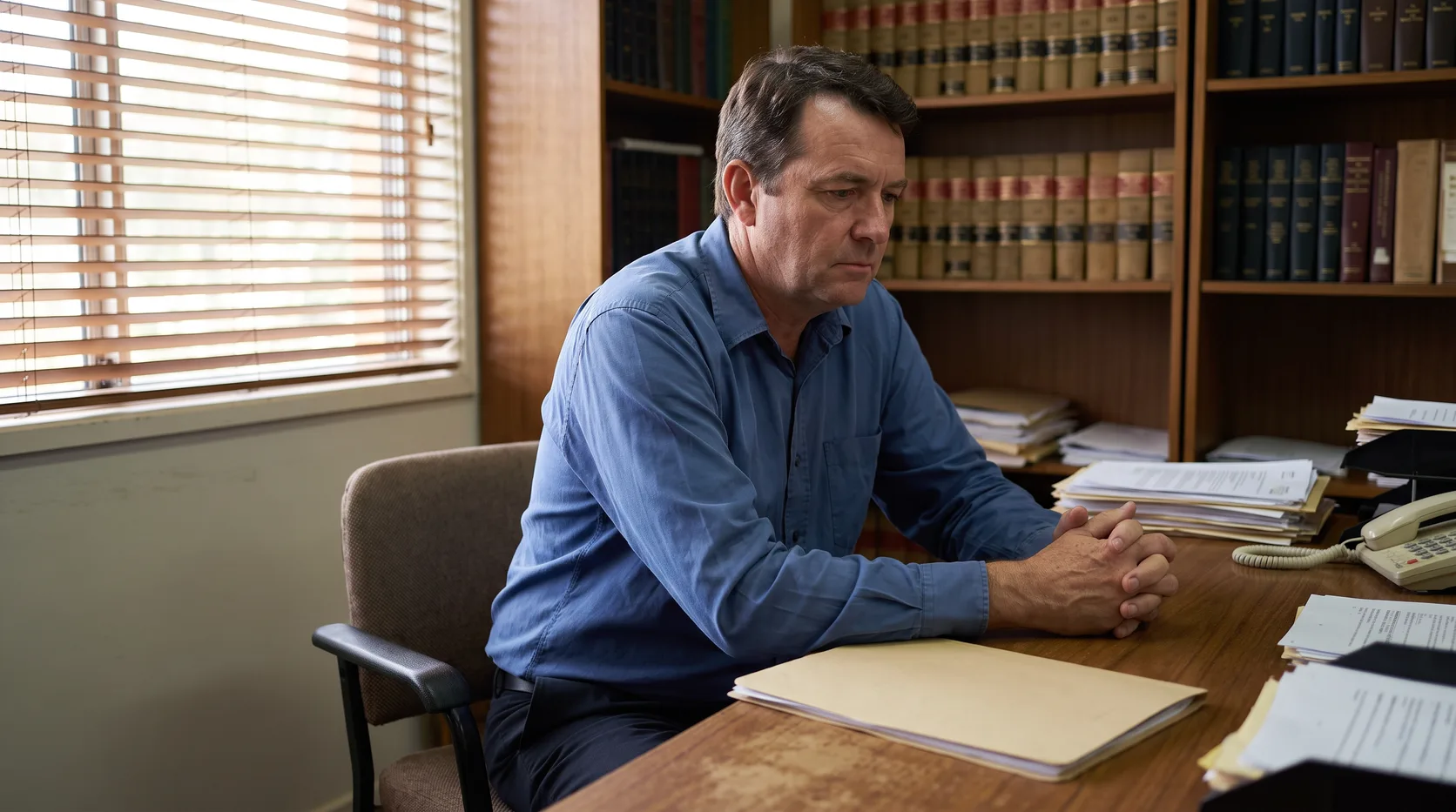 A man sitting at a desk in a quiet law office with a folder of papers in front of him