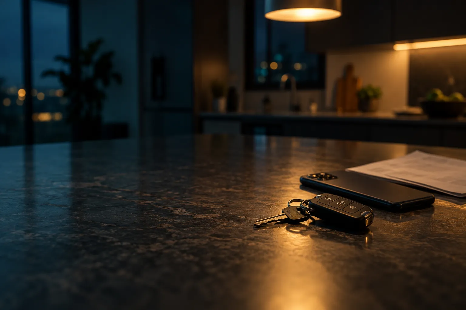Car keys, a phone and paperwork on a kitchen bench at night