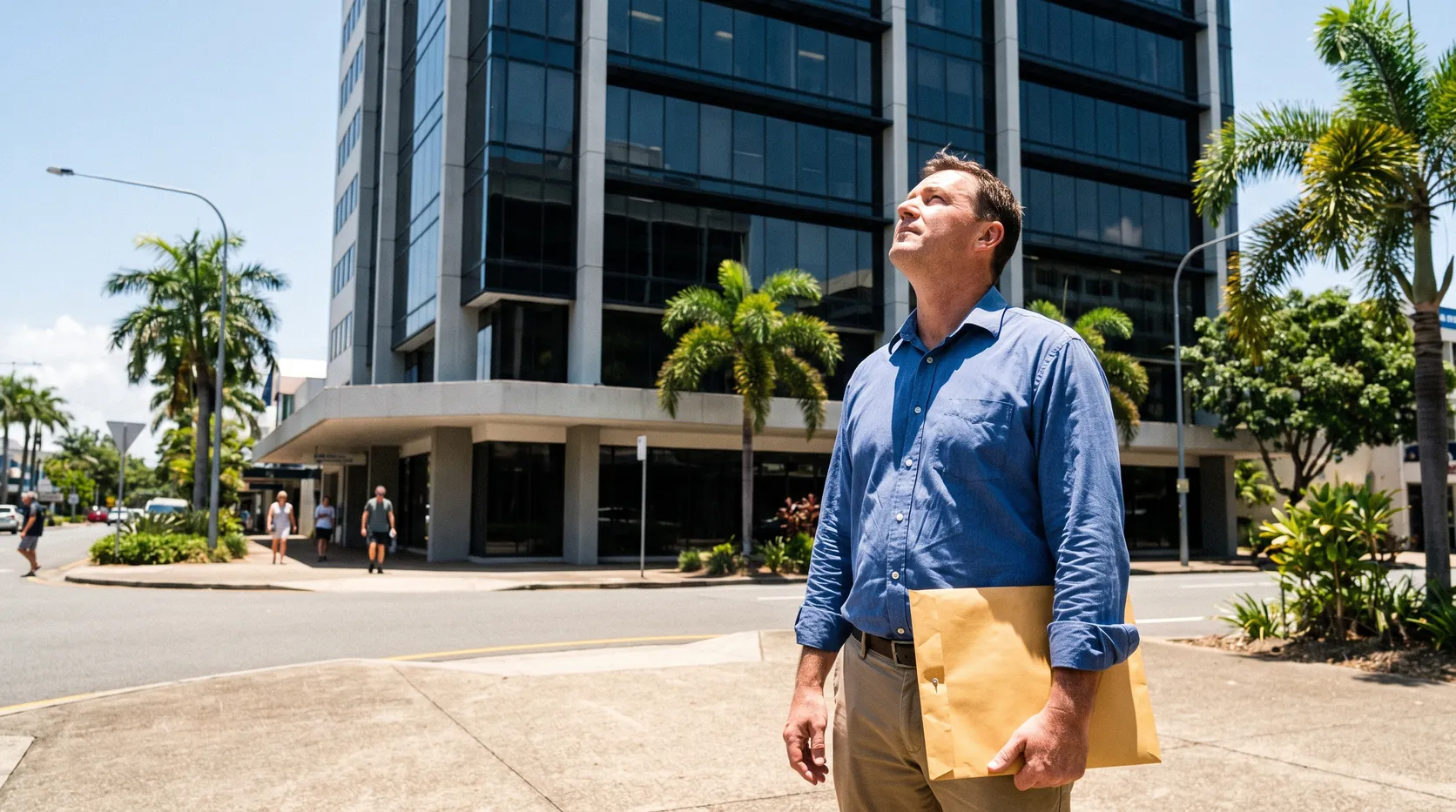 A man holding an envelope outside an office building in Cairns, looking up at it