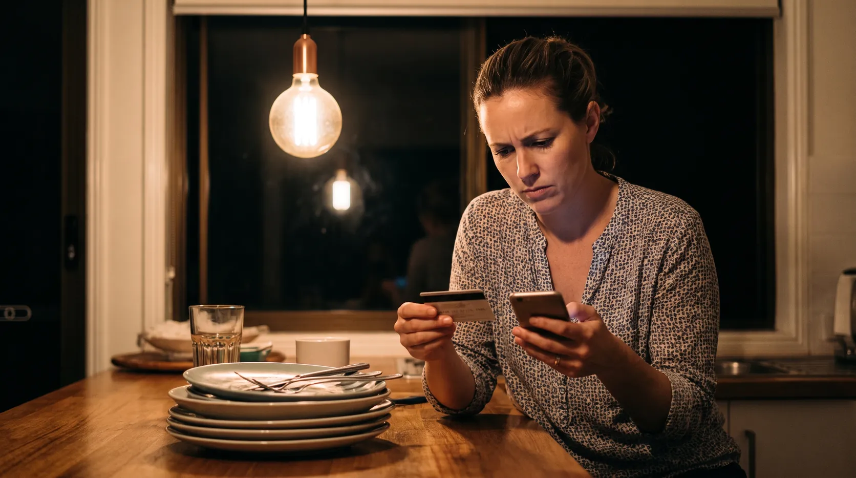 A woman at her kitchen bench at night holding a bank card and looking at her phone