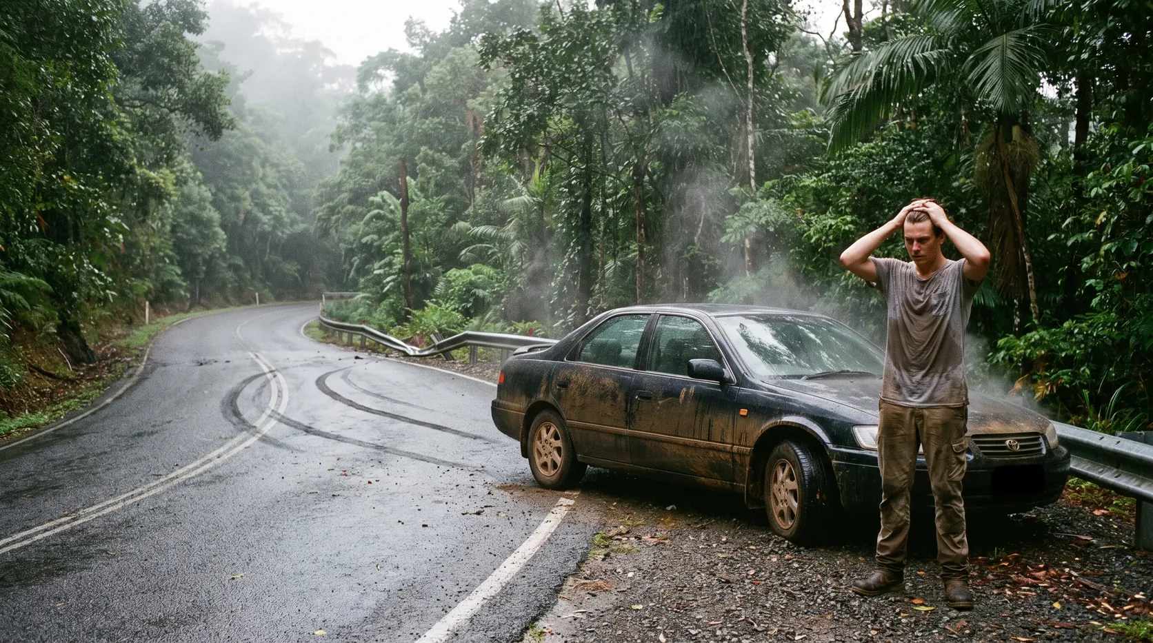 A car stopped on the verge of a wet rainforest range road after skidding, with the shaken driver beside it