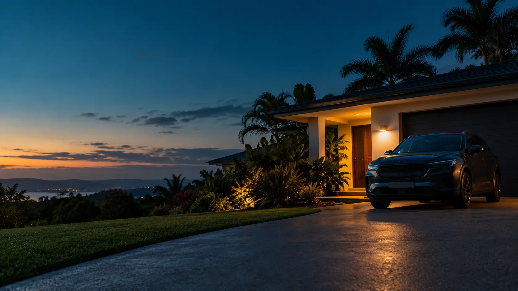 A car parked in a driveway at dusk, with palm trees and the coastline behind