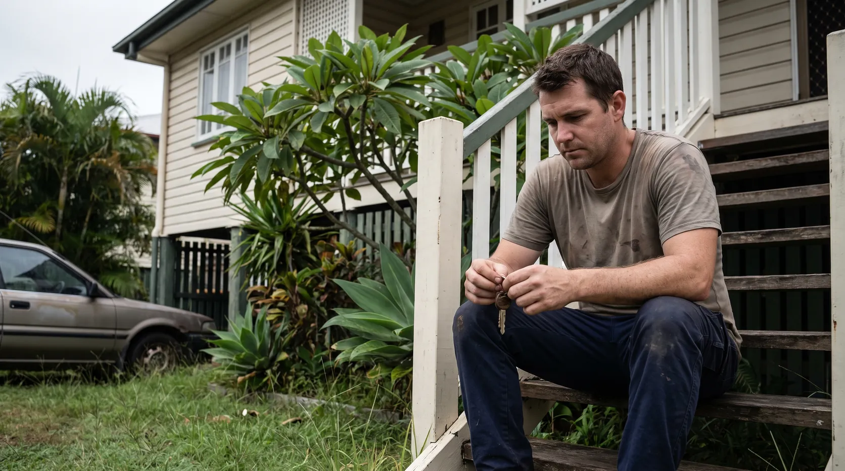 A man sitting on the front steps of a Queenslander house holding his car keys