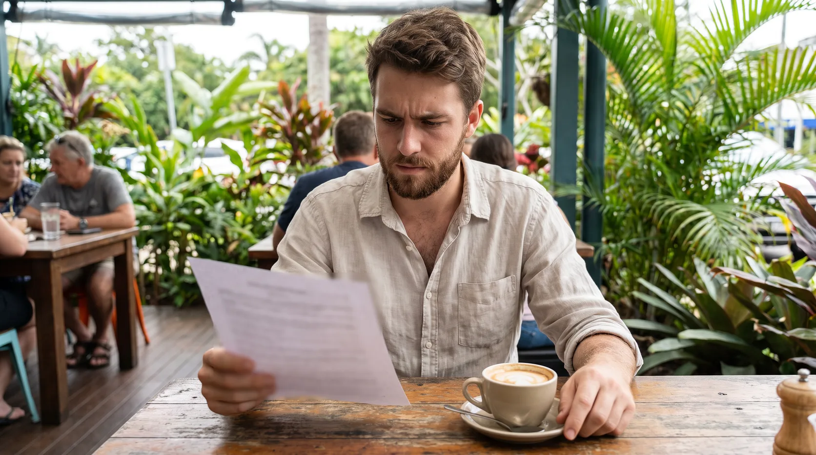 A young man reading a printed police notice at a cafe table, with a coffee beside him