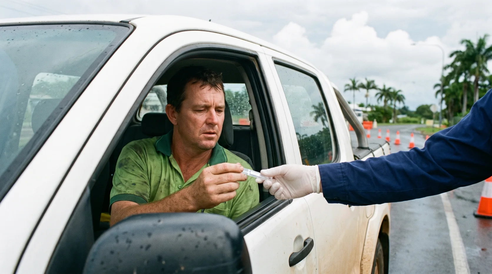 A driver in a work ute handing a saliva test back through the window at a roadside drug testing stop