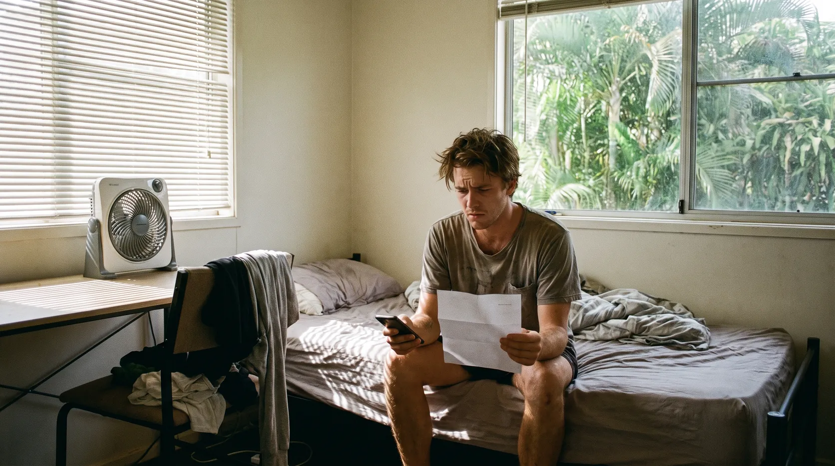 A young man sitting on his bed holding a letter and his phone