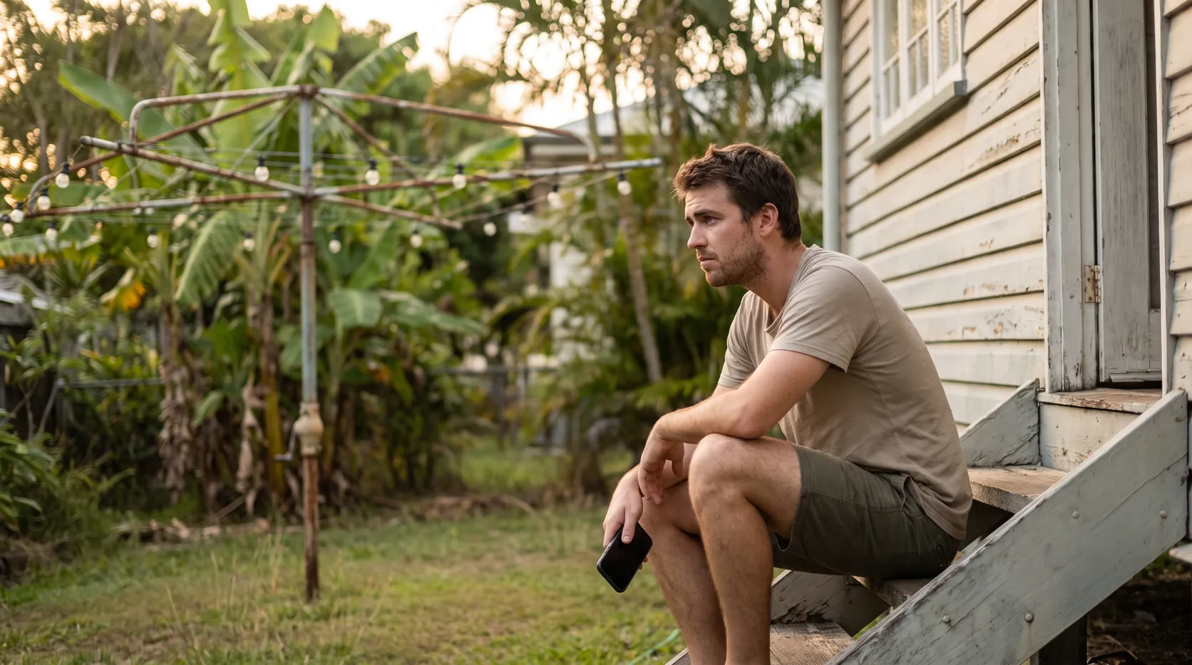 A man sitting on the back steps of a Queenslander holding his phone, looking away