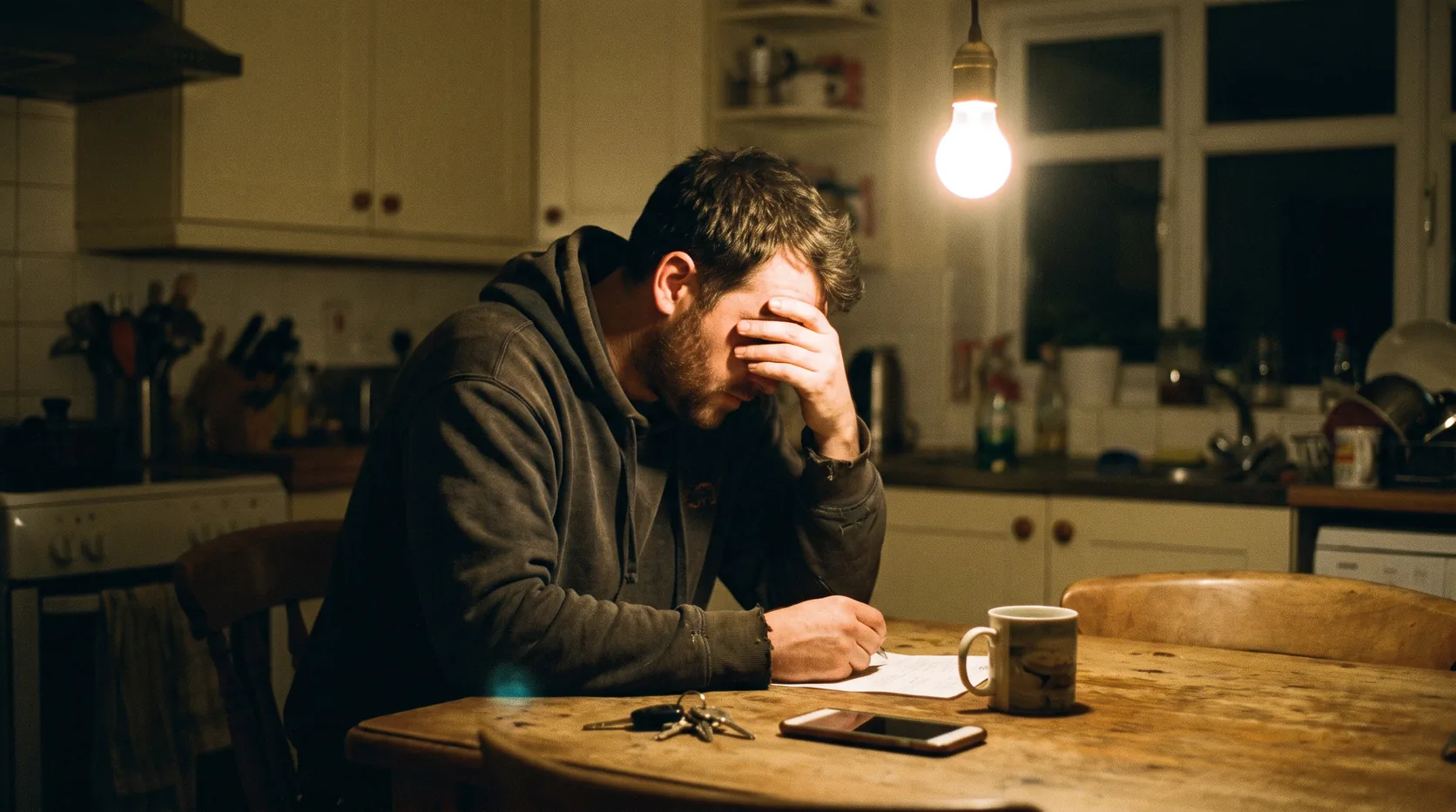 A man at his kitchen table at night with his head in his hand, filling in a form, with car keys beside him