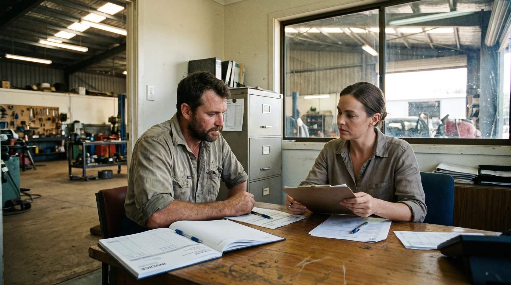 A business owner and a woman with a clipboard going through paperwork in a workshop office