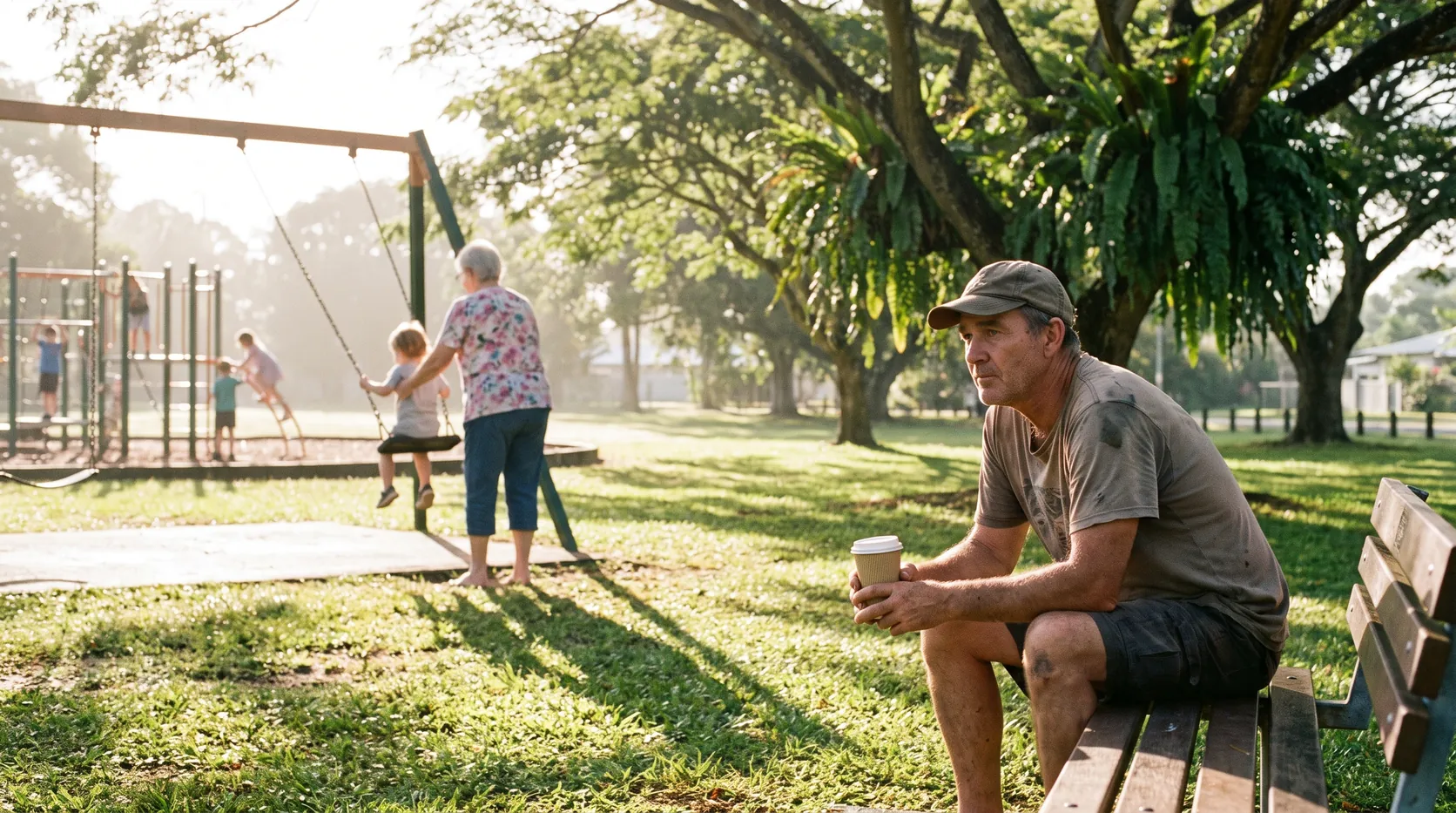 A father on a park bench watching from a distance as a grandmother pushes a child on a swing