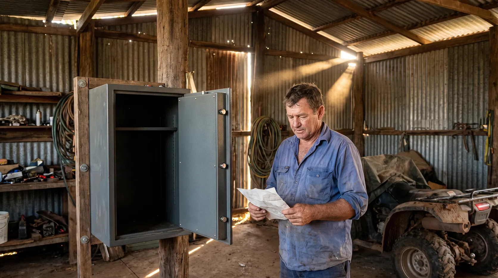 A farmer reading a letter beside an open, empty gun safe in his shed