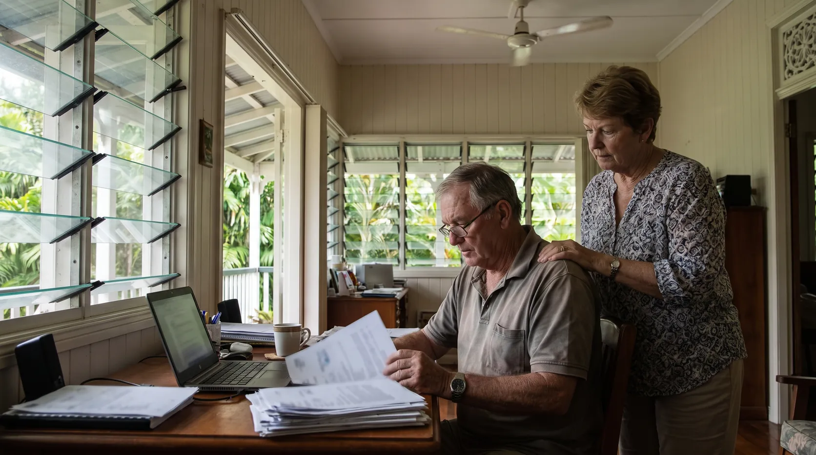 An older man reading bank statements at his home desk while his wife stands beside him