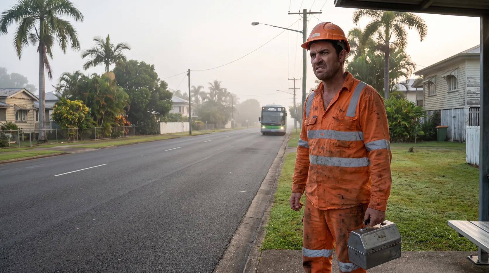 A tradesman in hi-vis waiting at a suburban bus stop in the early morning, with a bus approaching