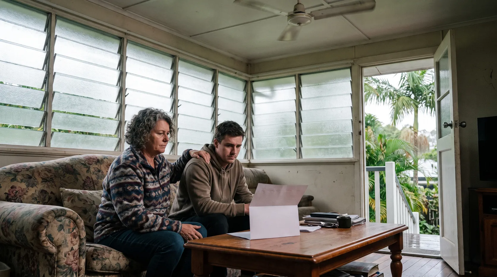 A mother comforting her adult son on the couch, with a letter on the coffee table