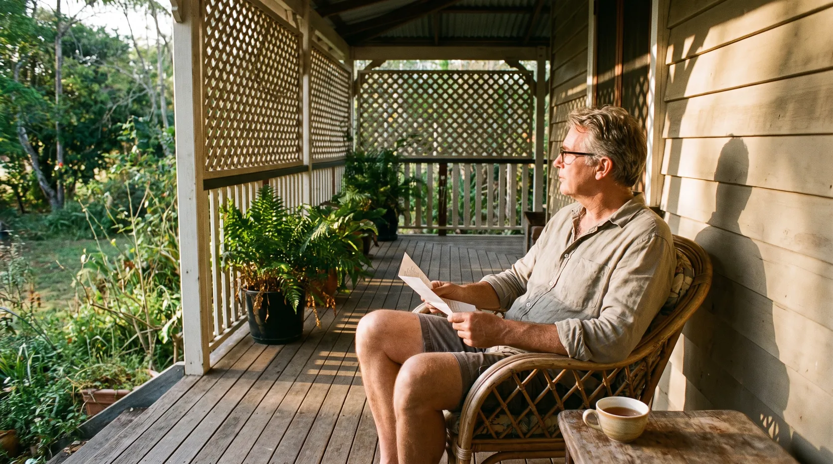An older man reading a letter in a cane chair on the verandah of a Queenslander