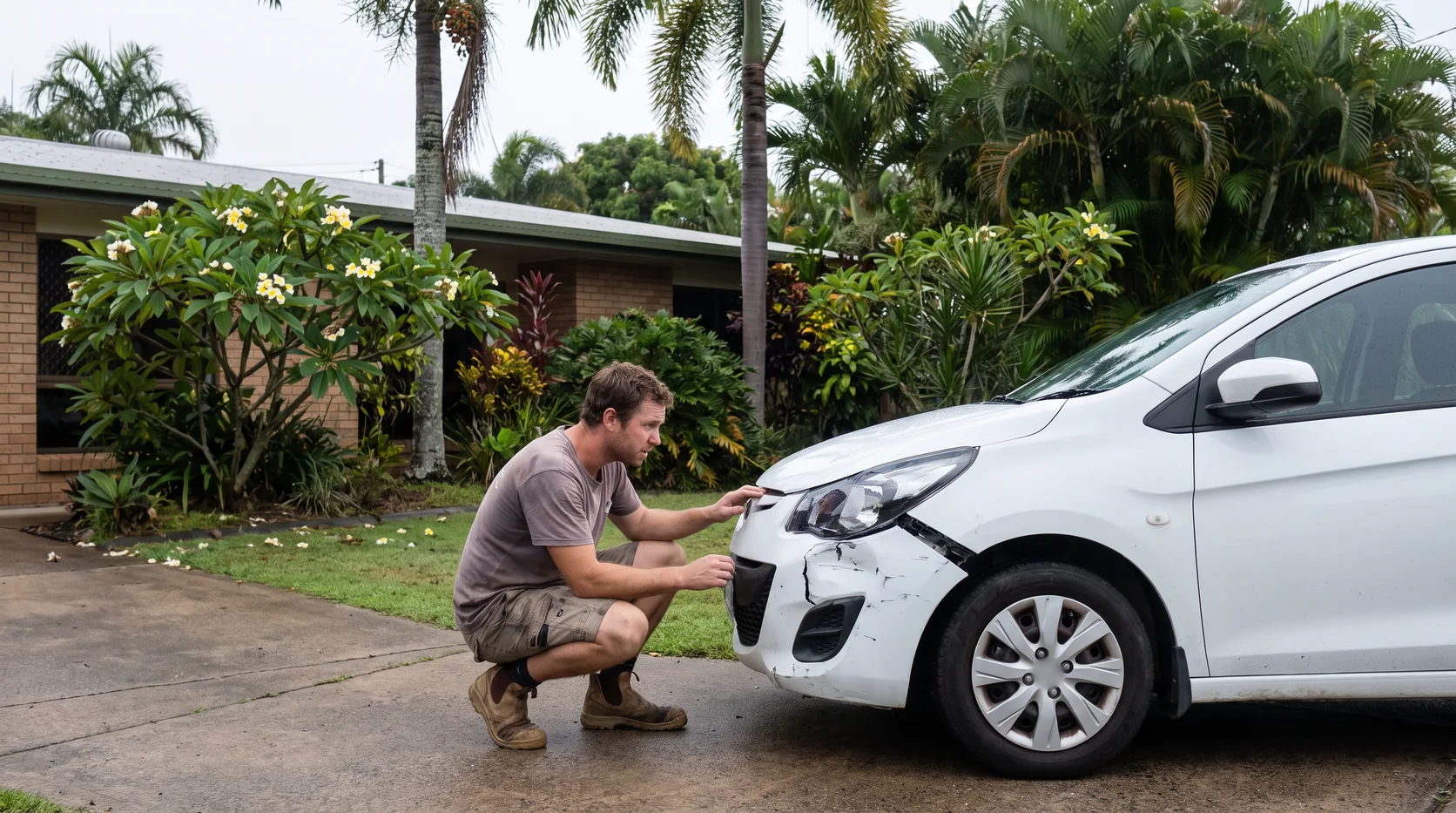 A man crouching to look at a dented front bumper and cracked headlight on his car in a suburban driveway