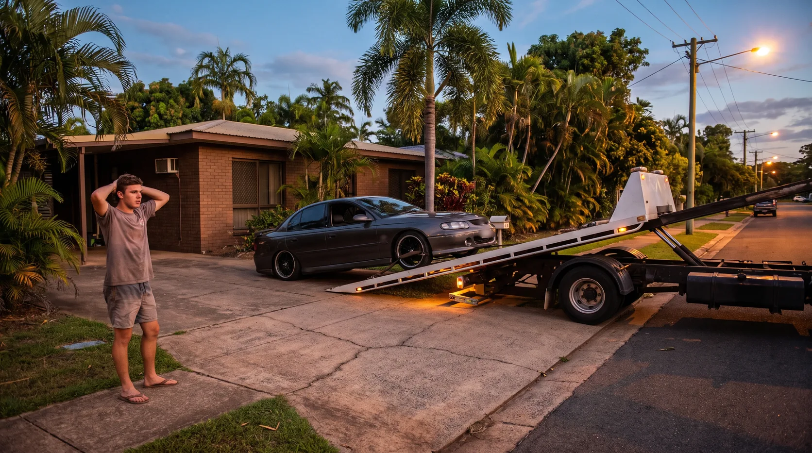 A tow truck backing up to load a modified sedan outside a suburban house at dusk while the young owner watches