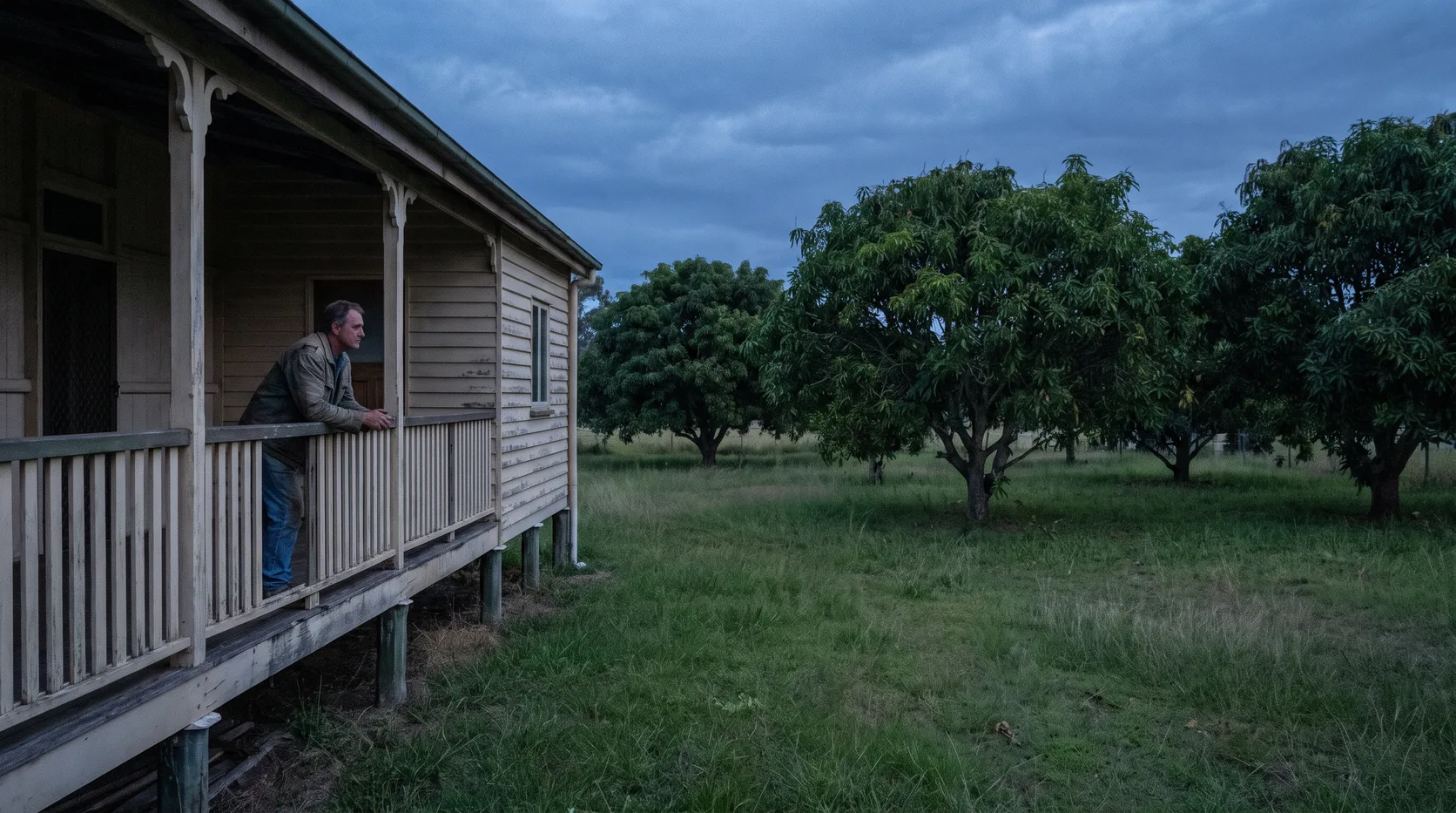 A man standing alone on a back verandah at dusk, looking out over an empty yard