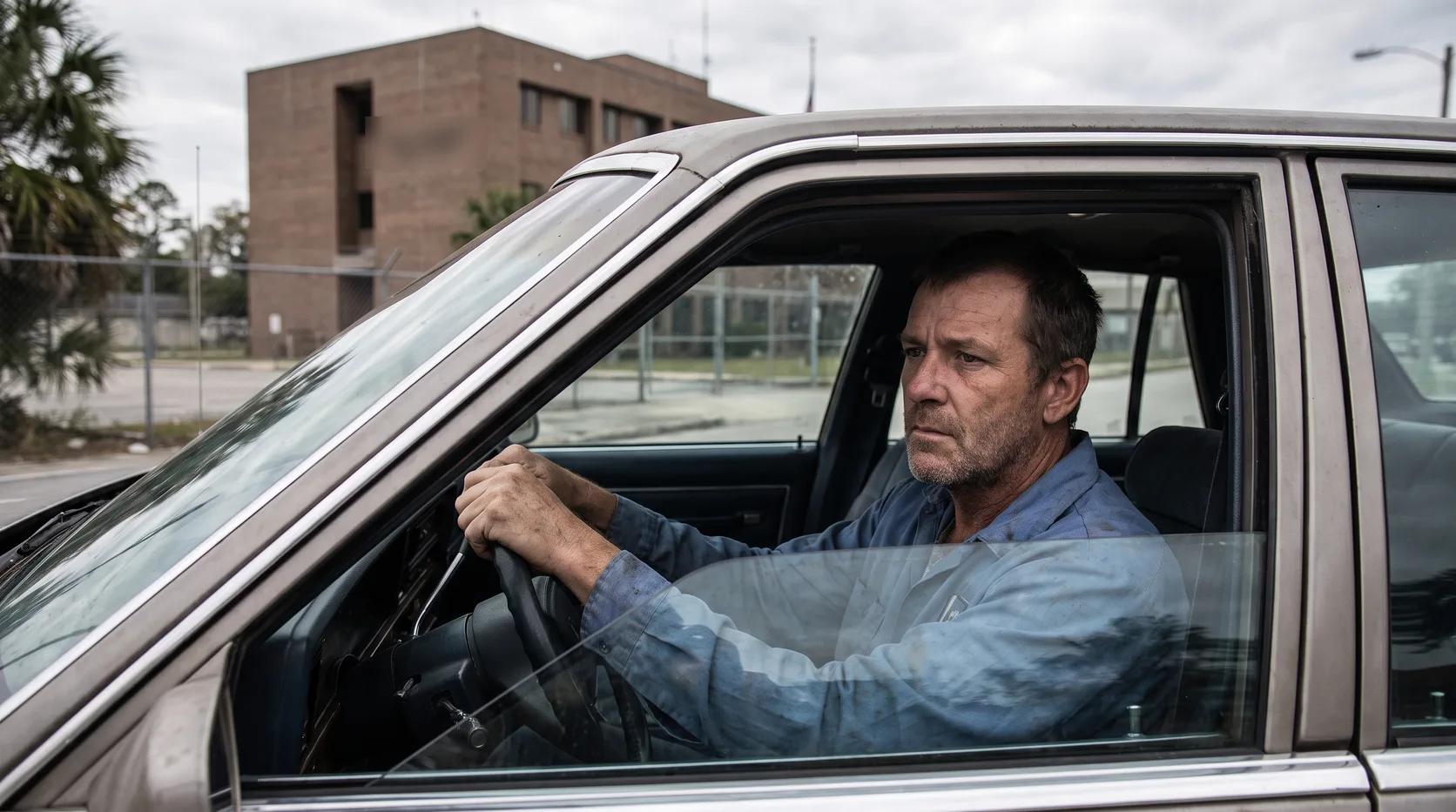 A man in a work shirt sitting in his parked car outside a police station, looking ahead