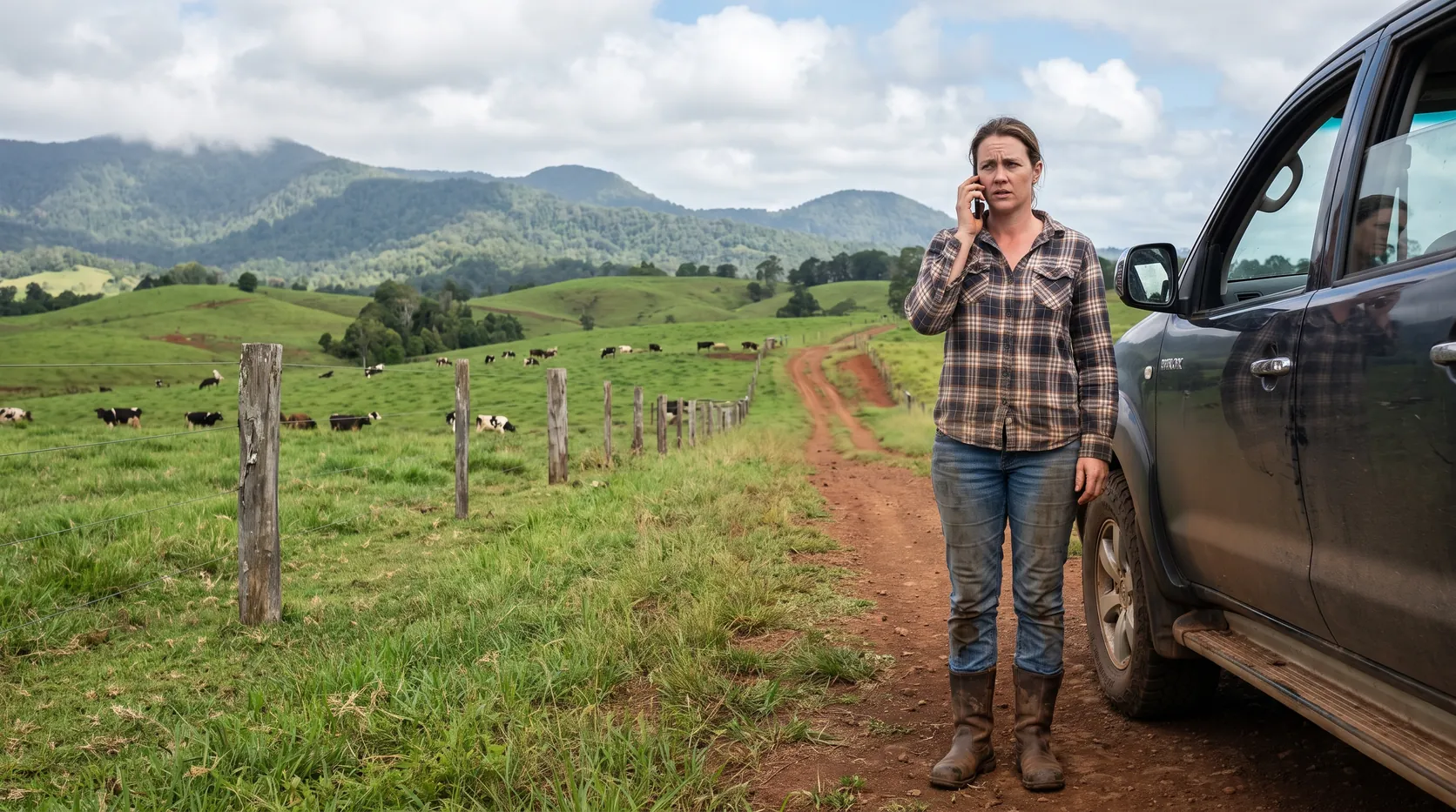 A woman beside her ute on a red dirt track through Tablelands dairy country, on the phone about a court date