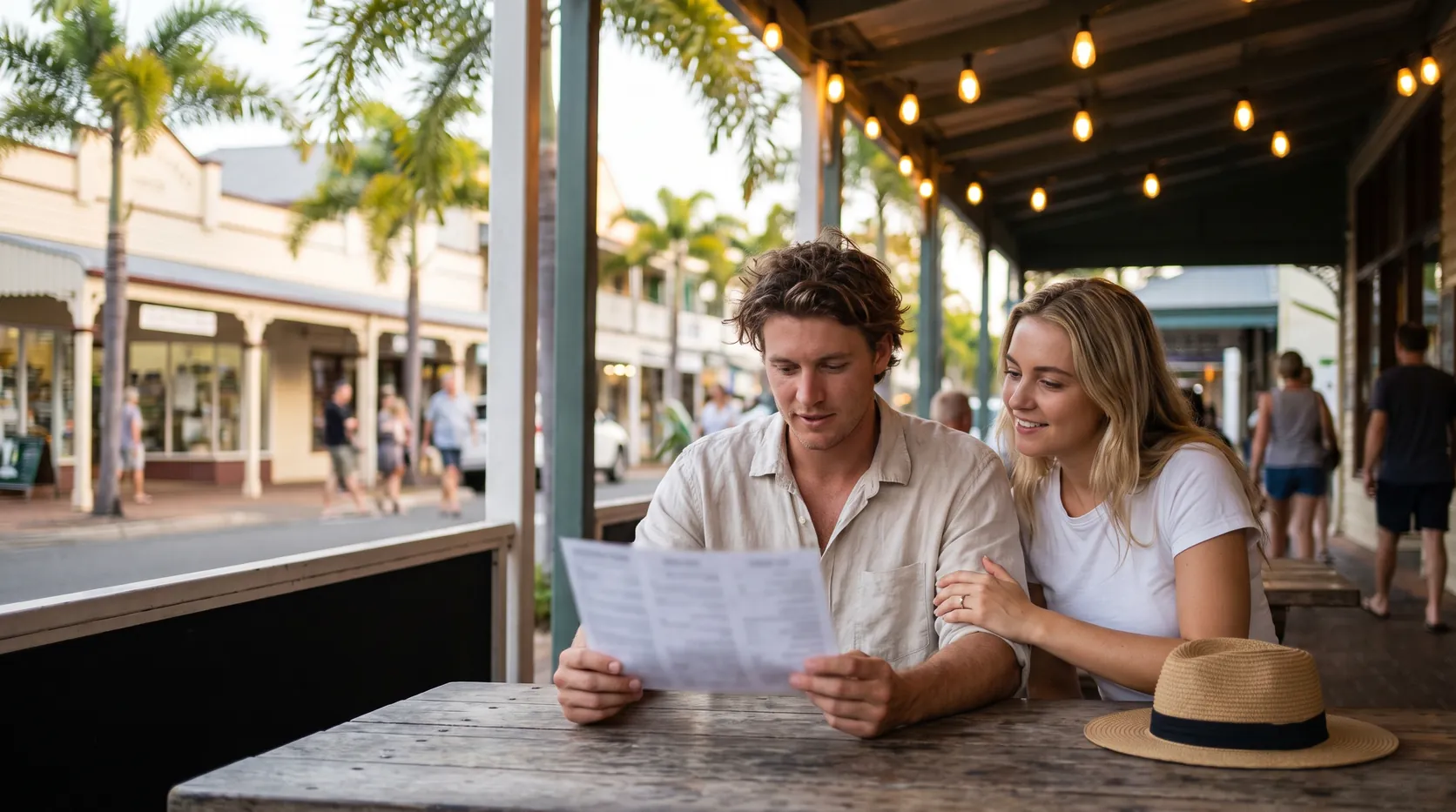 A young man reading a court letter at a cafe table on a palm-lined Port Douglas street, his partner beside him