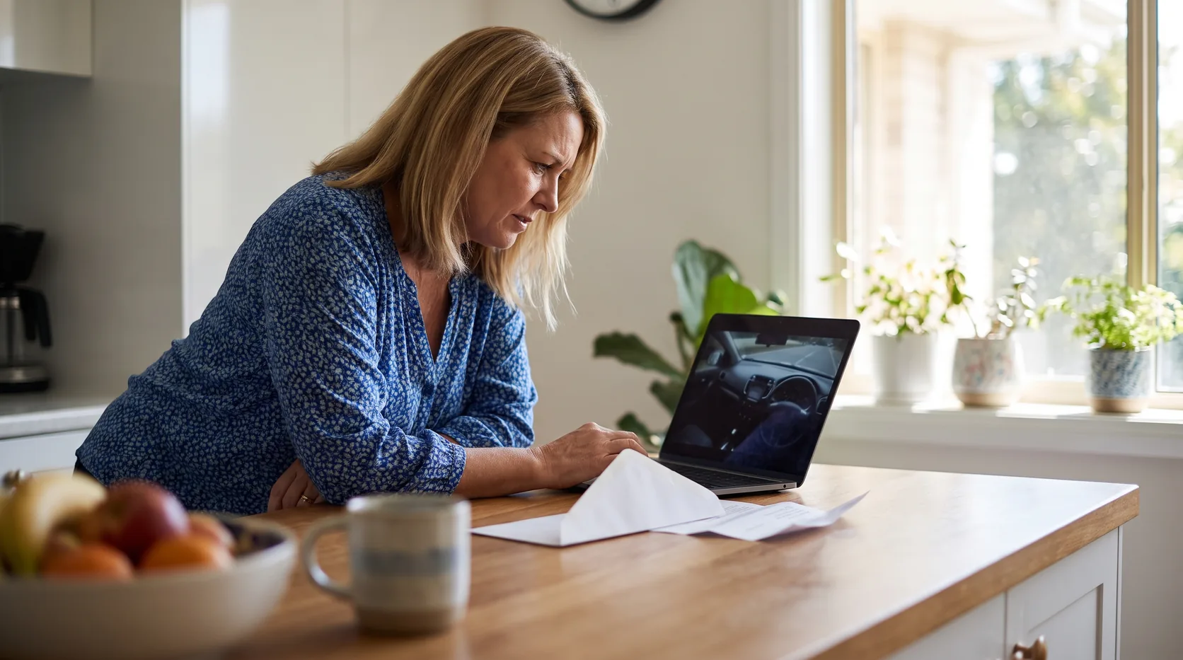 A woman at her kitchen bench frowning at a camera photo on her laptop, with an opened letter beside her