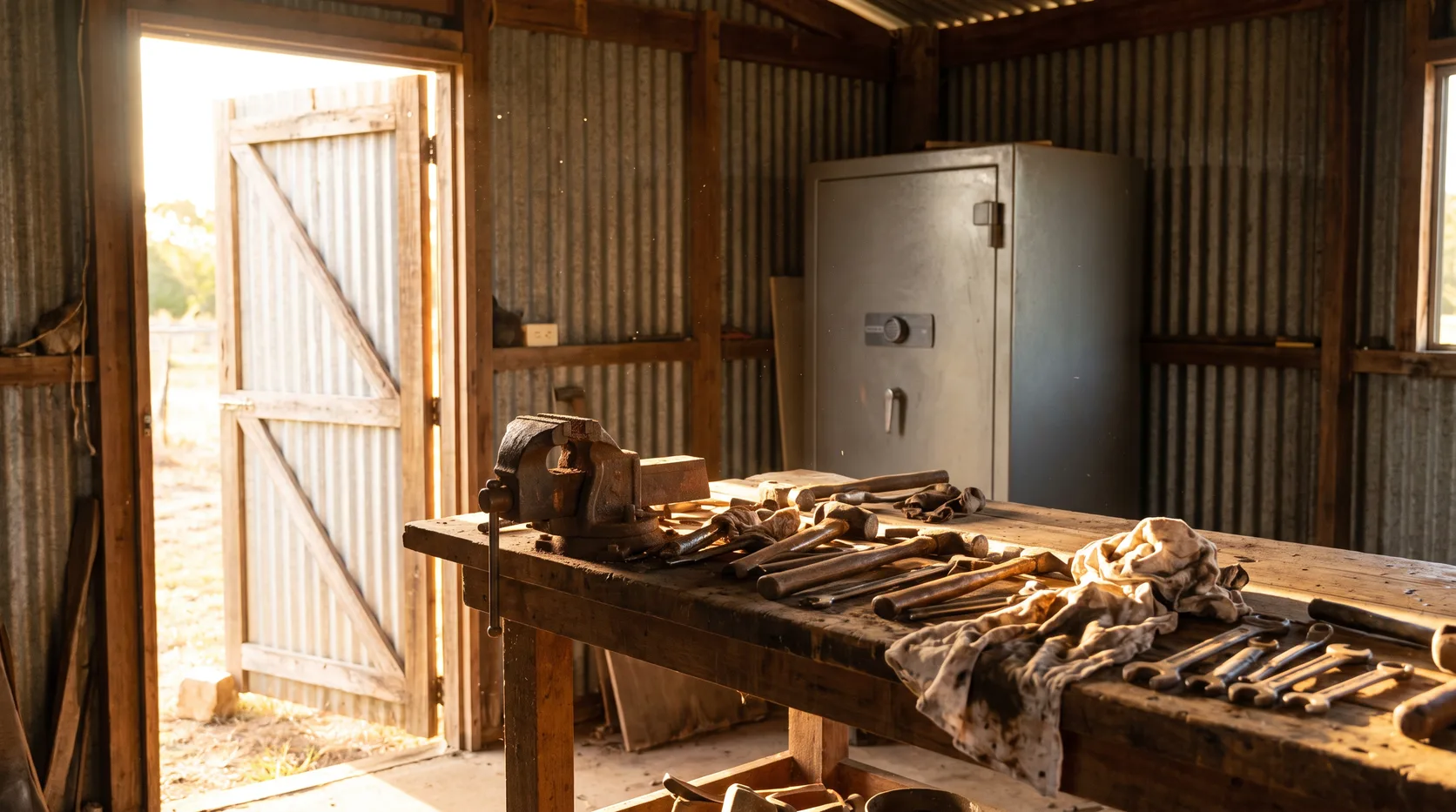 A workbench in a rural shed with hand tools and an empty, locked steel gun safe