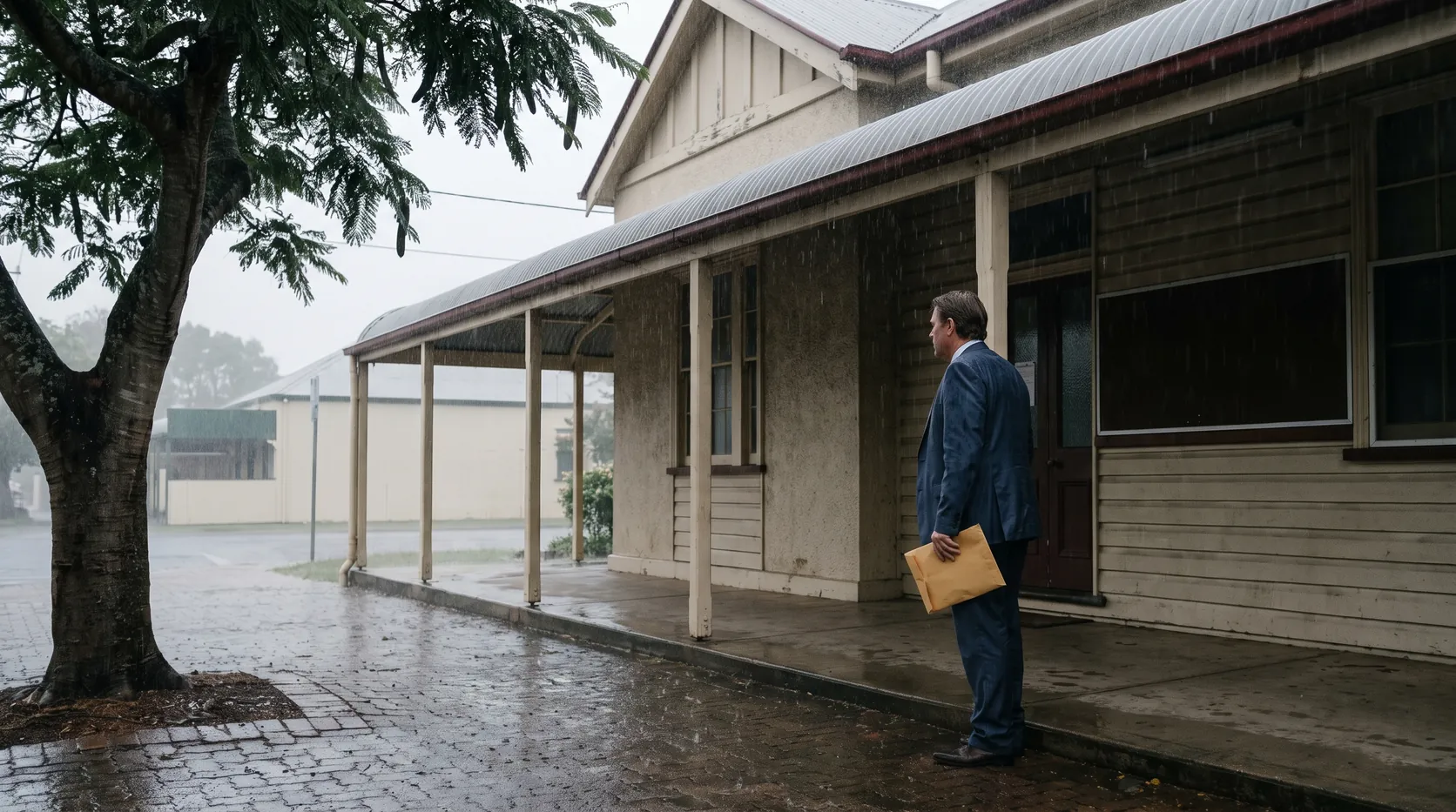 A man in a suit holding an envelope on the verandah of an old public building in the rain