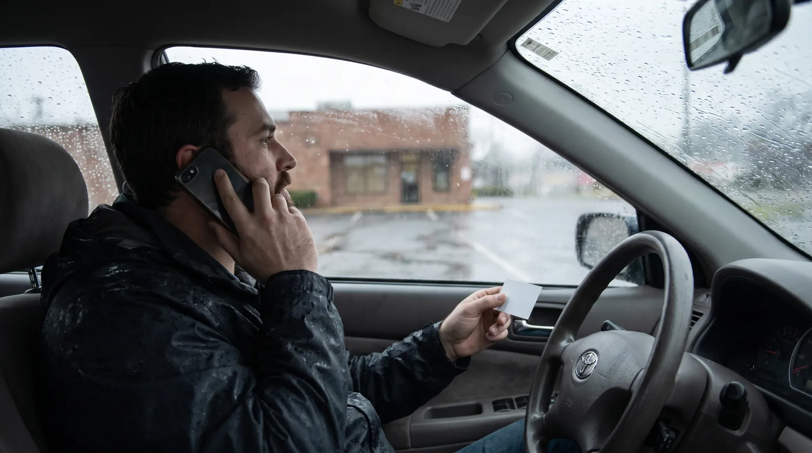 A man in his parked car on a rainy morning holding a business card and talking on the phone