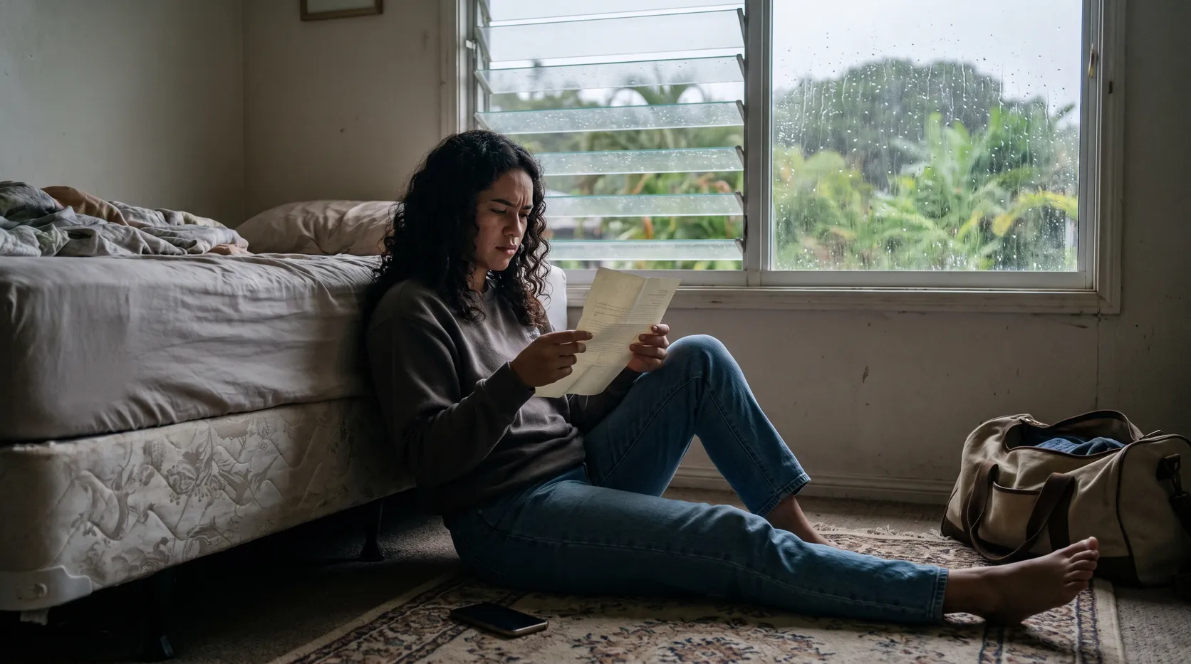 A young woman sitting on her bedroom floor reading a notice on a rainy afternoon