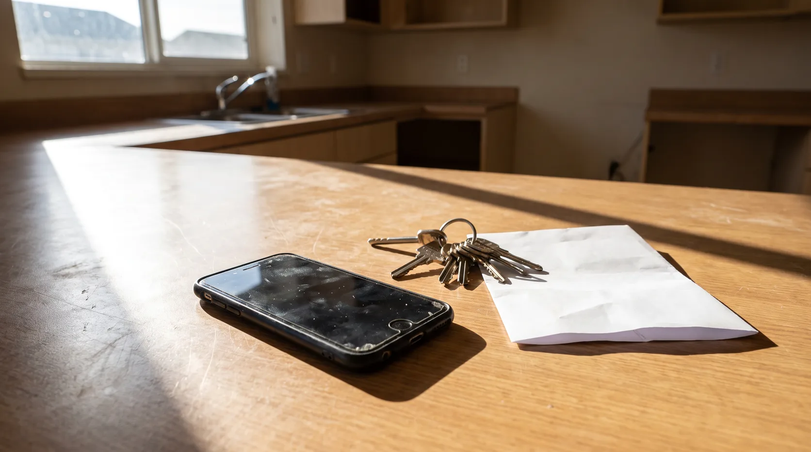 A phone face down on a bare kitchen bench beside a set of keys and a police property receipt