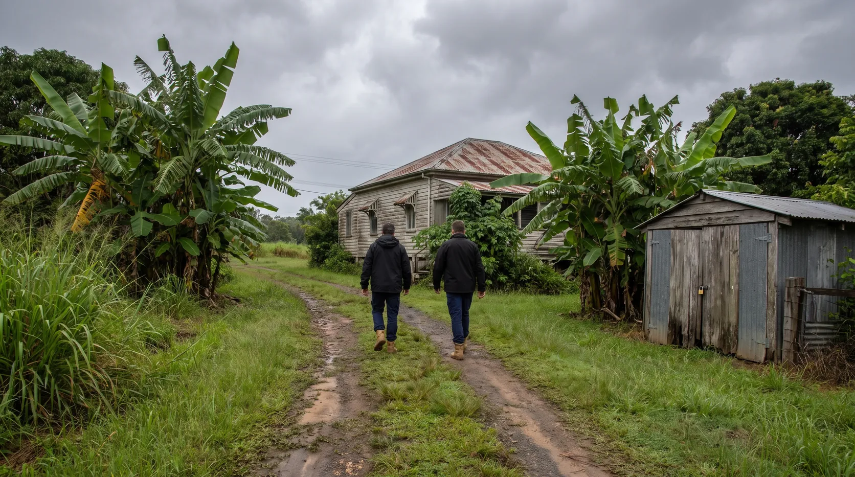 Two plain-clothes police officers walking up a dirt driveway to an old house among banana plants