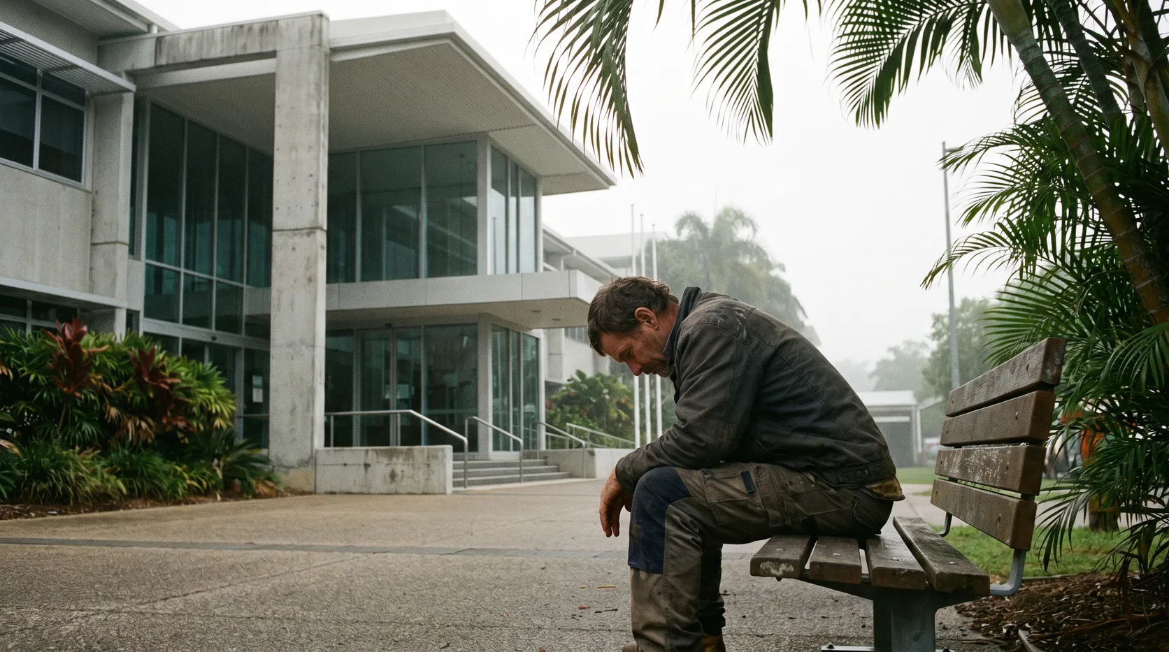 A man in a dark jacket sitting alone on a bench outside a courthouse in the early morning
