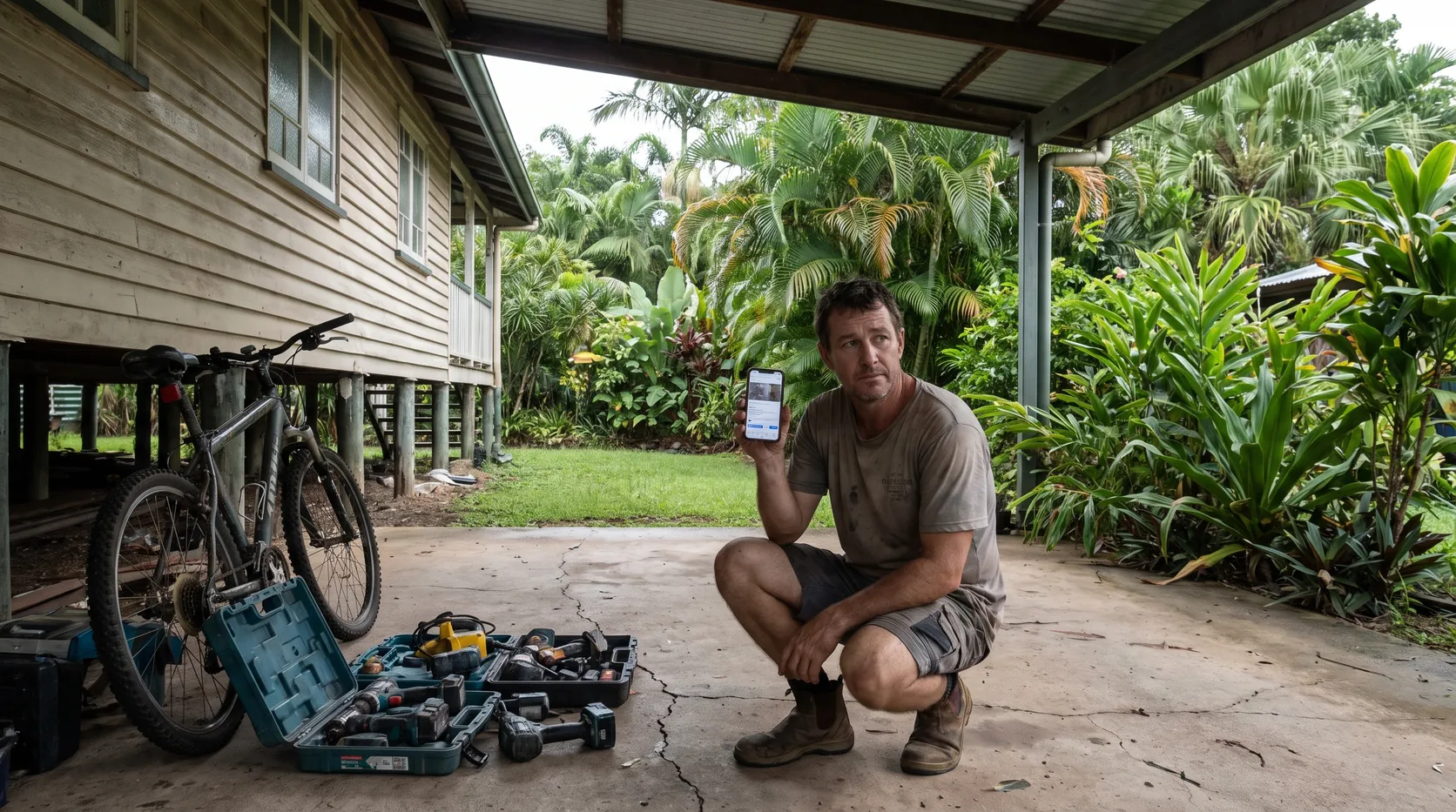 A man crouching in a carport beside second-hand power tools and a bike, holding up his phone