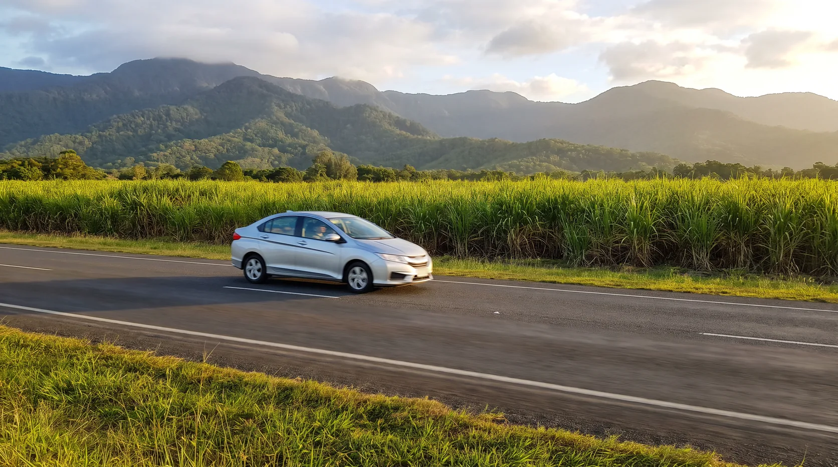 A car driving along a coastal highway between cane fields and hills in late afternoon light