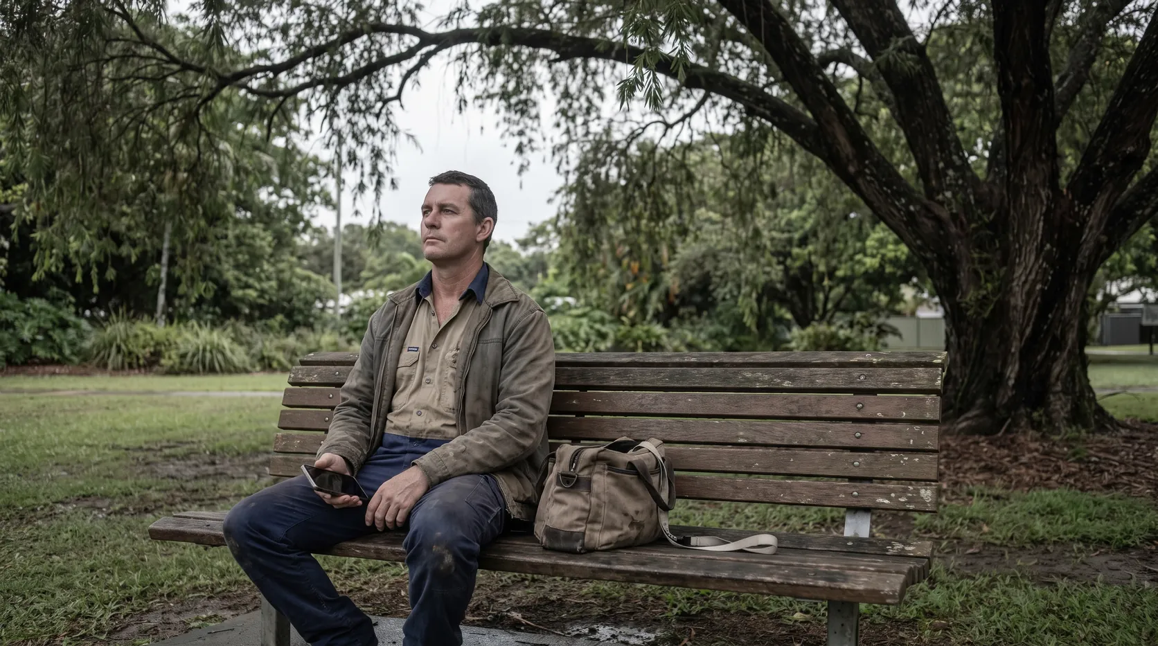 A man sitting alone on a park bench holding his phone, looking into the distance