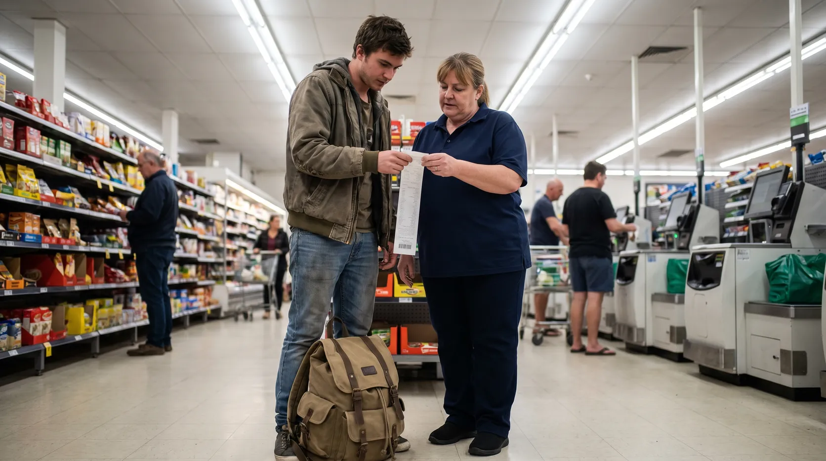 A young man and a supermarket staff member looking at a receipt near the self-checkouts