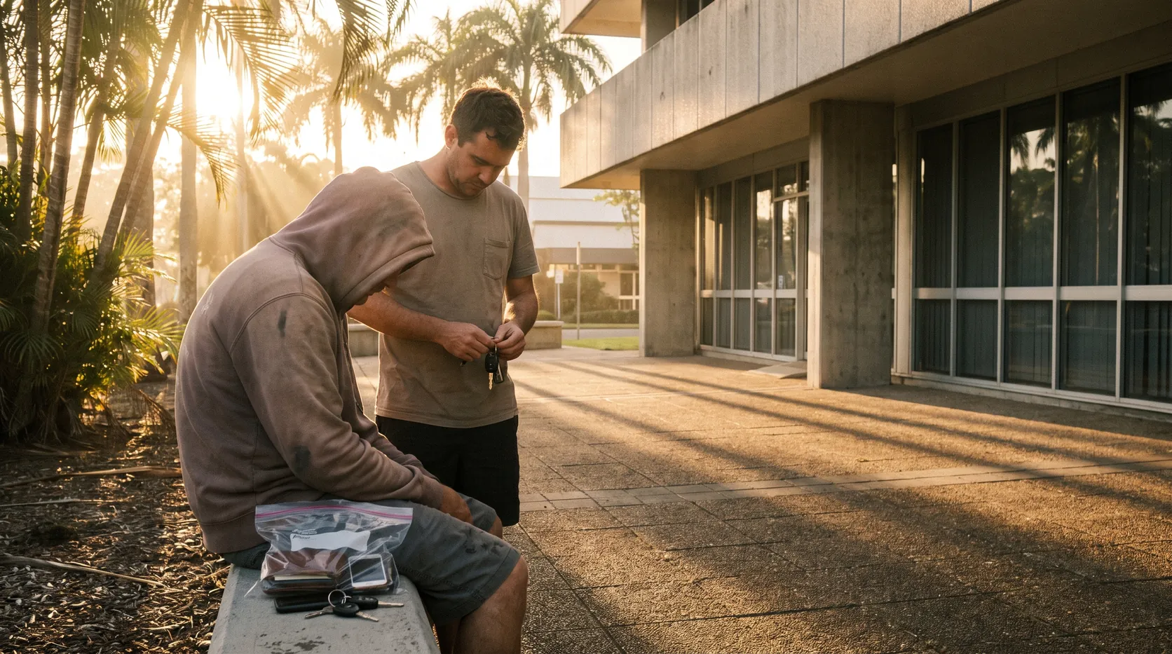 A man in a hoodie sitting outside a government building at dawn with a bag of his belongings, his brother beside him