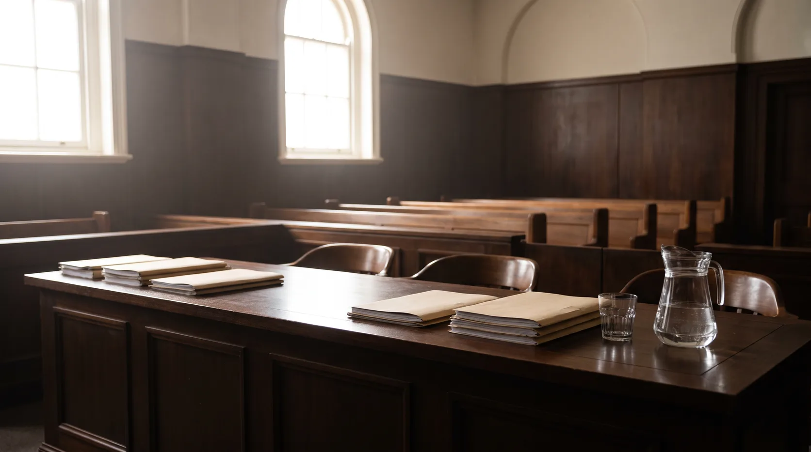 A barrister&rsquo;s bar table in an empty courtroom with folders and a jug of water