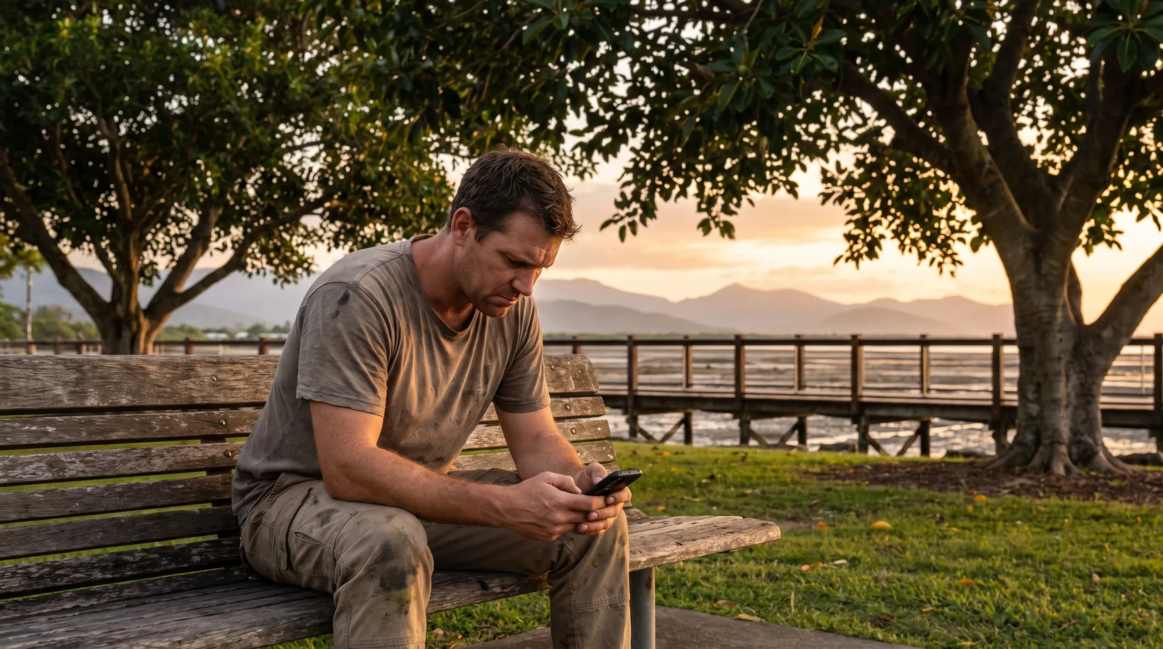 A man sitting on a waterfront park bench at sunset, looking at his phone