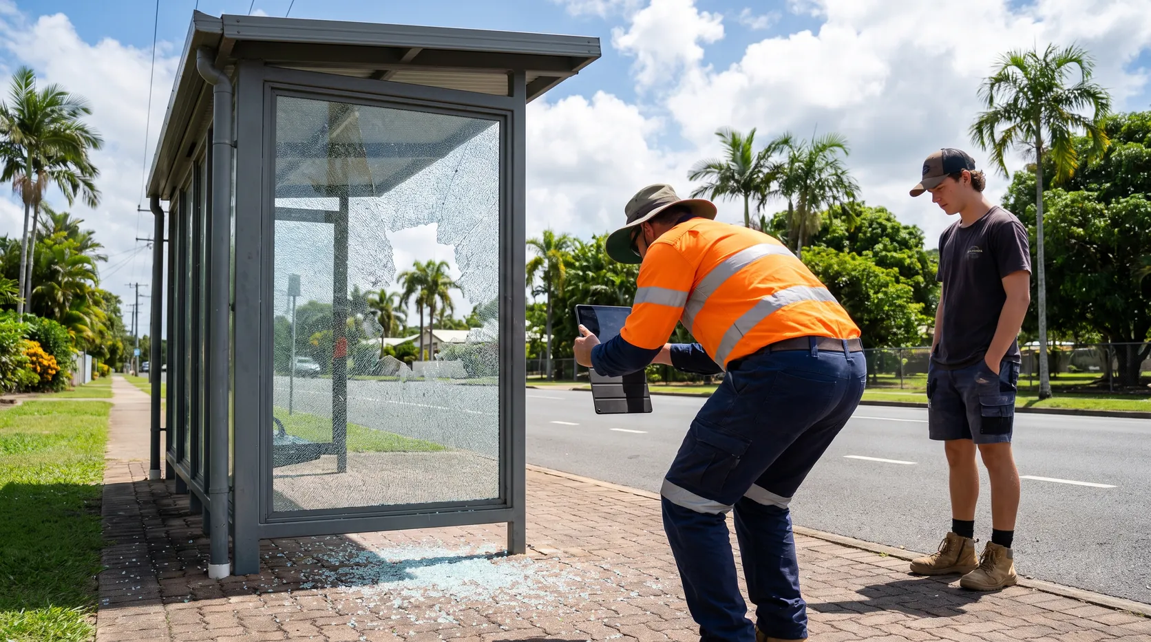 A council worker photographing a smashed bus shelter while a young man stands nearby