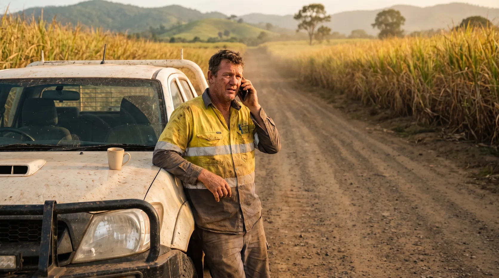 A tradesman in hi-vis on the phone beside his work ute on a cane farm road at sunrise